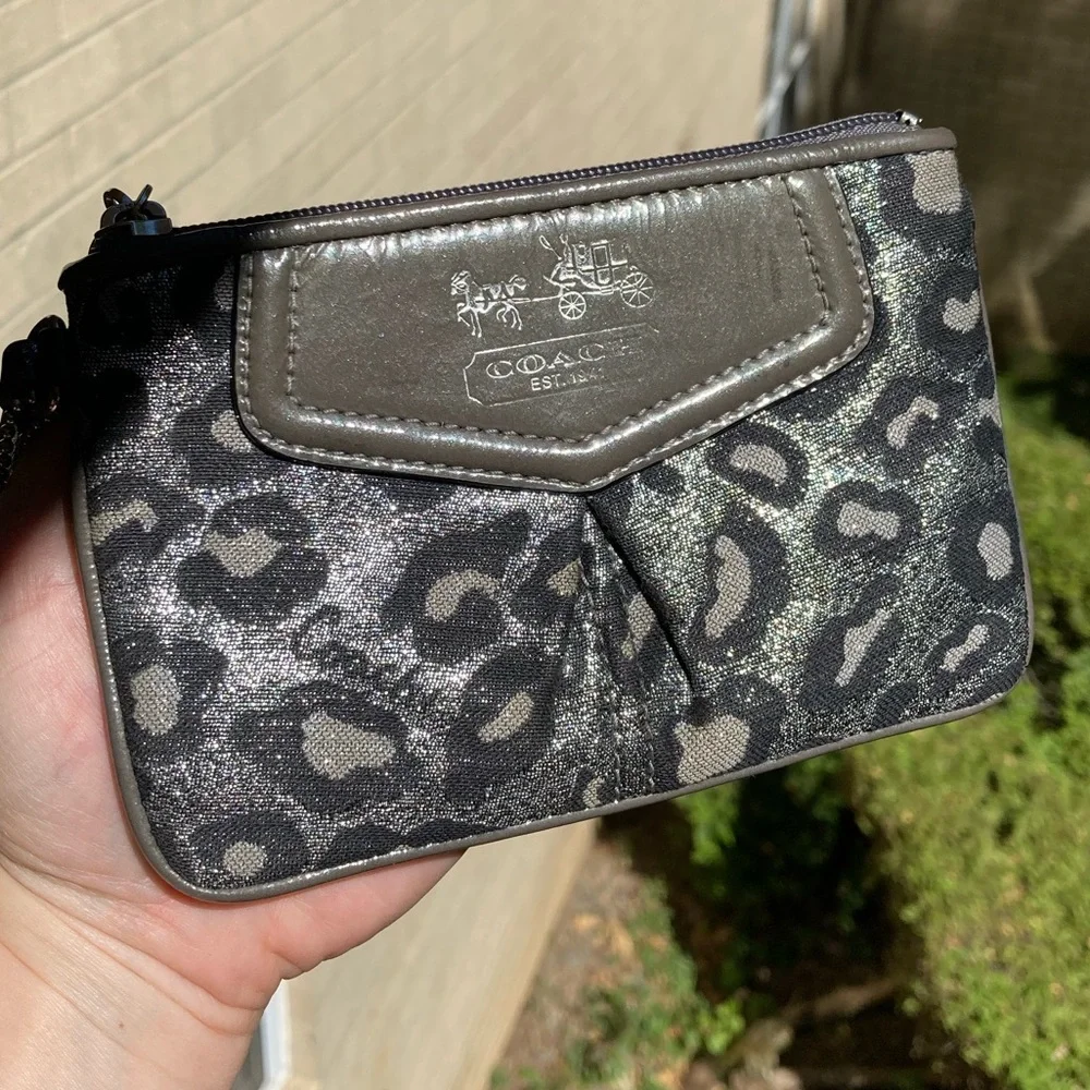 Coach Metallic Silver Glitter Sparkle Leopard Print Zipper Pouch Wristlet Wallet